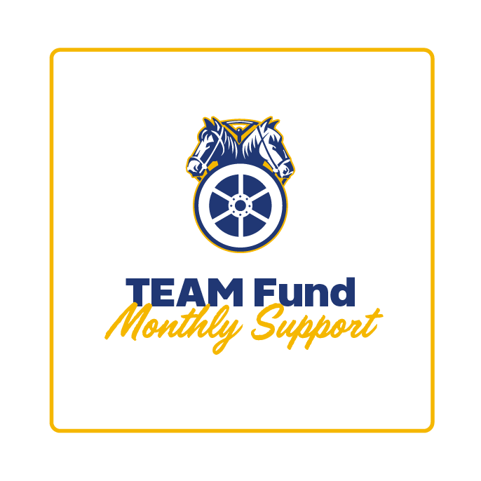 Black TEAM Fund Monthly Support graphic with a yellow border, blue-and-white crest, and yellow lettering.
