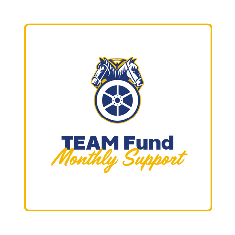 Black TEAM Fund Monthly Support graphic with a yellow border, blue-and-white crest, and yellow lettering.